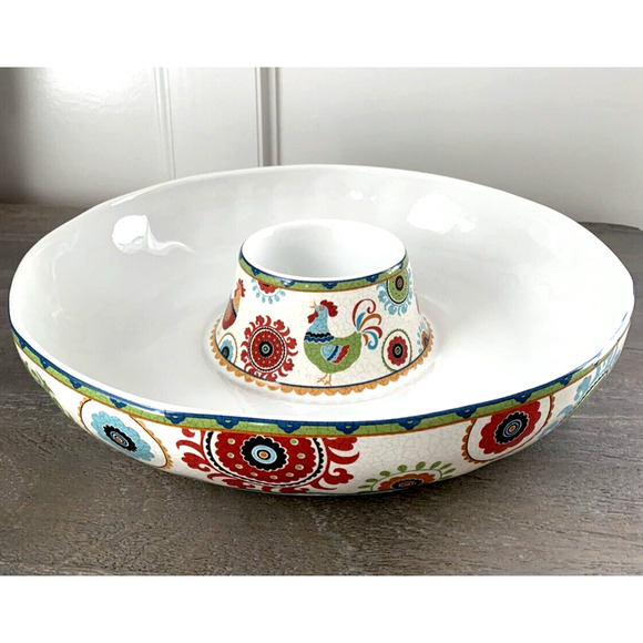 222 Fifth Other - 222 FIFTH Suzani Rooster 1 Piece Chip & Dip Serving Bowl Platter 14" Floral EUC